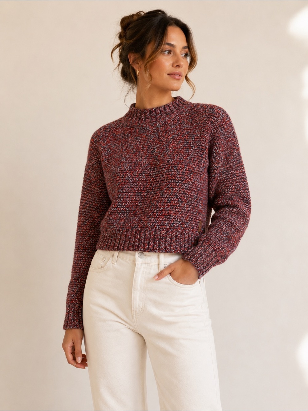 Roots Lambswool Mock Neck Sweater | 80% Lambswool | Marled Red Knit | Small